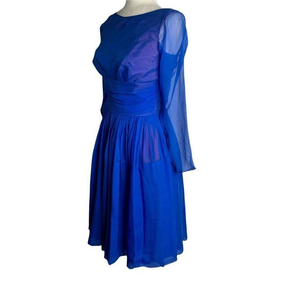 Vintage 50s Chiffon Swing Dress S Blue Long Sleeve Draped Waist Pleated TLC - Picture 9 of 10